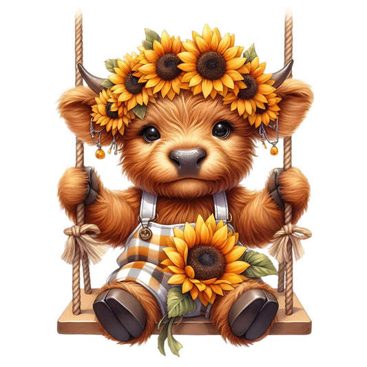Sunflower Highland Cows Fabric Panel 23 featuring a cute calf with sunflower crown on swing, printed on premium quilting cotton.