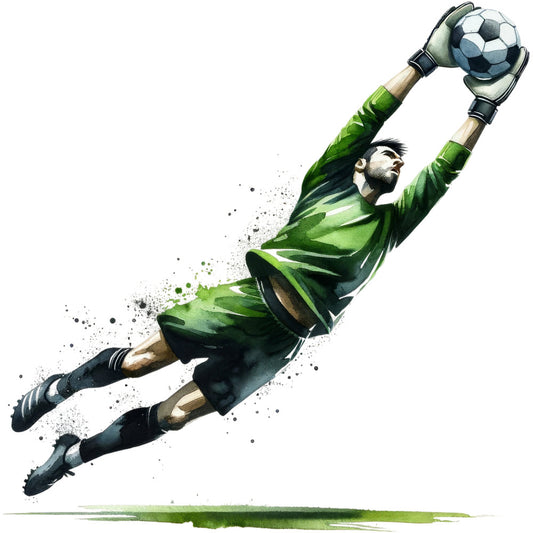 soccer, sports, goalkeeper, athletic, action, dynamic, green, black, white, beige, tan, watercolor, splatter, abstract, illustration, male athlete, sports themed, contemporary, modern, energetic, motion, jumping, ball, uniform, jersey, shorts, gloves, cleats, sports equipment, masculine
