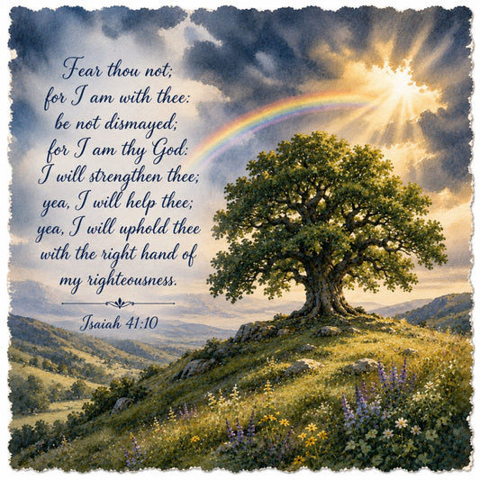 inspirational, religious, scripture, bible verse, landscape, mountain scenery, rainbow, tree, wildflowers, nature, spiritual, faith, comfort, encouraging, golden hour, sunburst, meadow, rolling hills, peaceful, serene, traditional, elegant, floral, spring, summer, earth tones, sage green, cream, gold, blue