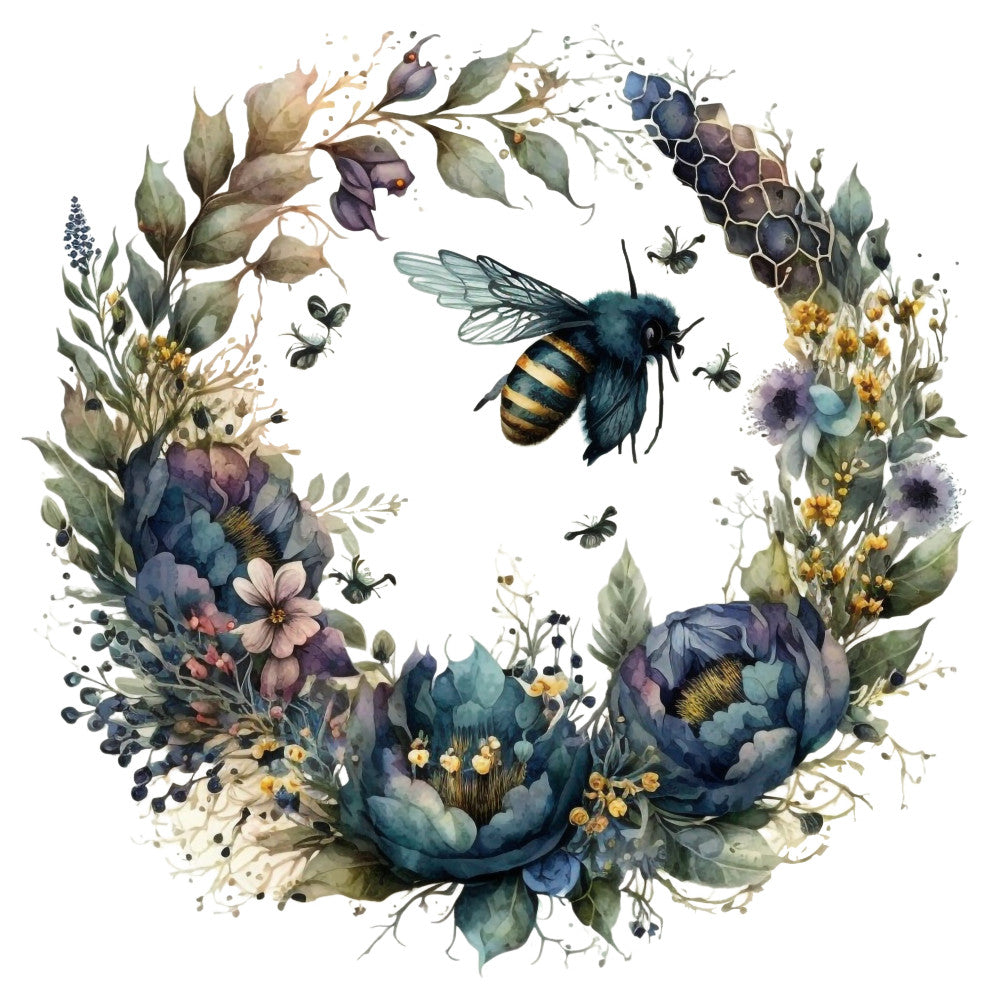 honey bees, floral wreath, watercolor style, botanical design, teal blue, navy blue, golden yellow, sage green, purple flowers, fabric panel, quilting cotton, nature theme, bee motif, circular arrangement, peonies, wildflowers, insect art, spring colors, delicate florals, craft fabric