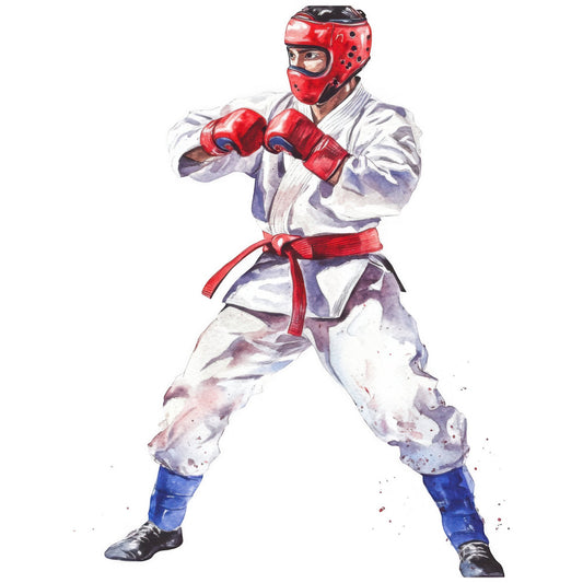 martial arts, karate, taekwondo, boxing, combat sports, red headgear, red gloves, white gi, blue pants, sports themed, action pose, athletic, dynamic movement, warrior style, training, competition, protective gear, watercolor art, painted effect, illustrated, character design, red and white, blue accents, bold colors, modern illustration, contemporary art, masculine, energetic, powerful stance