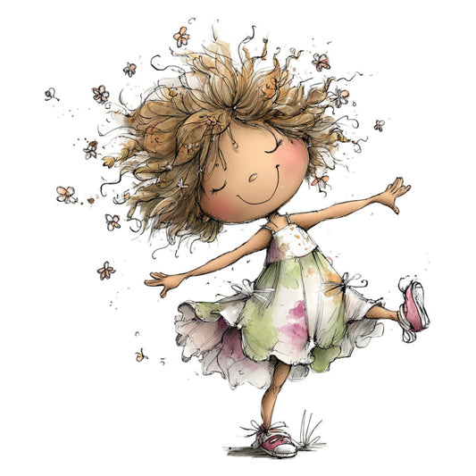 whimsical girl, happy child, playful character, spring, summer, nature, flowers, floral, butterflies, girl illustration, children's fabric, baby quilt, nursery, young girl, dancing, joyful, cheerful, cream, sage green, blush pink, tan brown, watercolor, illustrated, character panel, storybook, whimsy, bohemian, artistic, lightweight, colorful