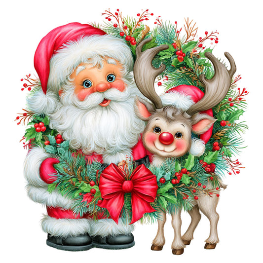 santa, reindeer, christmas, holiday, festive, red, white, cream, green, holly, berries, whimsical, vintage, nostalgic, jolly, cheerful, winter, decorative, traditional, seasonal, panel, character, cute, folk art, retro, illustrated, magical, red bow, winter greenery