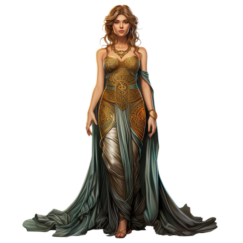 gold ornamental, bronze metallic, forest green, sage green, cream, jewel tones, ornate patterns, celtic knots, intricate designs, fantasy, medieval, warrior woman, goddess, elegant, dramatic, flowing fabric, draped sleeves, armor-inspired, steampunk, historical, renaissance, fantasy fashion, decorative metalwork, ornamental embellishment, theatrical, costume design, fantasy adventure, majestic, regal