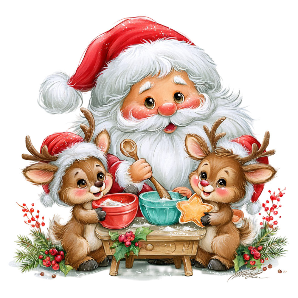santa, reindeer, christmas, holiday, festive, whimsical, red, white, cream, brown, tan, gold, green, cute, cheerful, nostalgic, vintage, traditional, animals, woodland, winter, baking, cookies, gingerbread, berry red, forest green, jolly, children's, decorative, seasonal