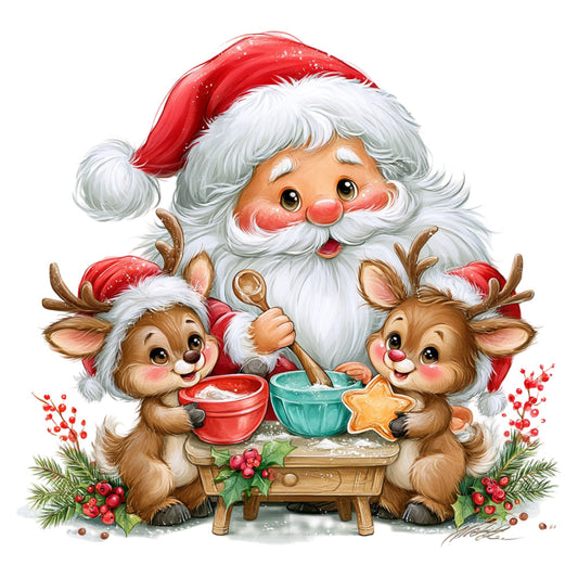 santa, reindeer, christmas, holiday, festive, whimsical, red, white, cream, brown, tan, gold, green, cute, cheerful, nostalgic, vintage, traditional, animals, woodland, winter, baking, cookies, gingerbread, berry red, forest green, jolly, children's, decorative, seasonal