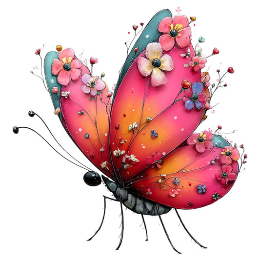 butterfly, floral, flowers, coral pink, hot pink, magenta, orange, red, teal, gradient, whimsical, nature, spring, summer, insects, decorative flowers, colorful, vibrant, artistic, botanical, fantasy, playful, modern whimsical, wall hanging, home decor, statement print, bold colors, flower garden, mixed florals, delicate flowers