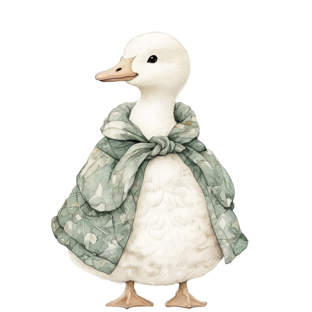 white duck, sage green, soft green, tan, natural colors, animal illustration, whimsical, adorable, character panel, duck motif, waterfowl, children's fabric, nursery, baby, storybook style, woodland, farmyard, dressed up duck, bow tie, charming, sweet, gentle, spring, soft illustration, cute animals, cottage core, traditional, apparel, wall art, decorative panel