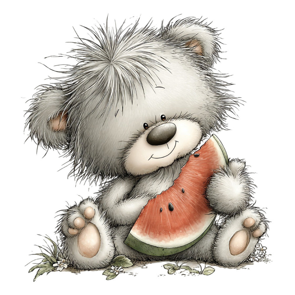 cute bear, teddy bear, watermelon, gray and white, coral pink, soft pastels, whimsical, children's, baby, animal theme, playful, nursery, summer, fruit, nature, adorable, illustration style, gentle, storybook, character panel, kid's fabric, sweet, charming, casual style, casual, grey fur, fluffy, smiling animals, woodland