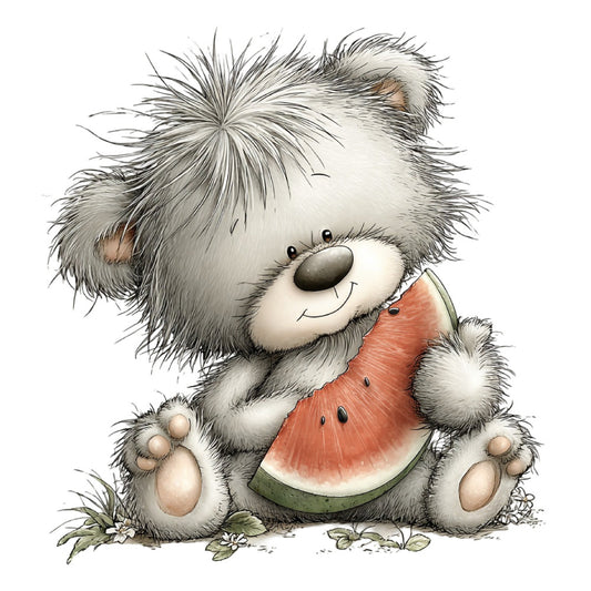 cute bear, teddy bear, watermelon, gray and white, coral pink, soft pastels, whimsical, children's, baby, animal theme, playful, nursery, summer, fruit, nature, adorable, illustration style, gentle, storybook, character panel, kid's fabric, sweet, charming, casual style, casual, grey fur, fluffy, smiling animals, woodland