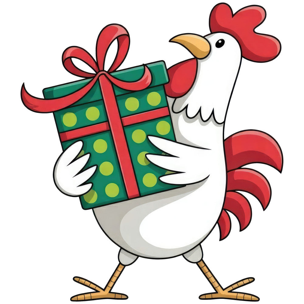 christmas, holiday, festive, rooster, chicken, farm animal, farmhouse, red, green, gold, yellow, white, cream, polka dot, gift box, present, ribbon, bow, whimsical, folk art, traditional, vintage, country, rustic, spring, cheerful, decorative, wall hanging, home decor