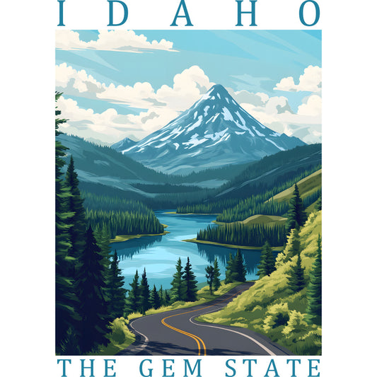 idaho landscape, mountain scene, snow-capped peak, winding road, evergreen forest, blue lake, fabric panel, turquoise sky, white clouds, green hillsides, scenic vista, outdoor adventure, nature illustration, quilting cotton, travel poster style, wilderness scene, pine trees, reflective water, yellow road lines, gem state