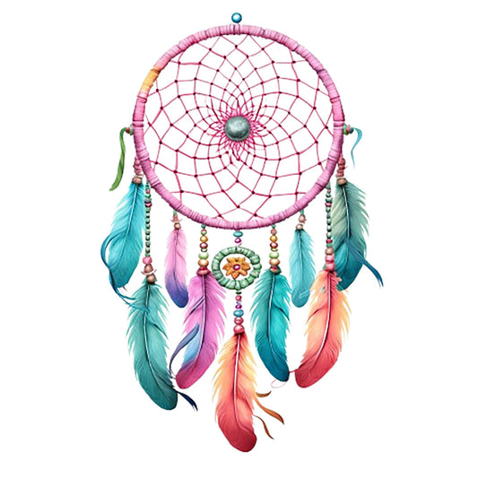 Watercolor Dream Catcher Fabric Panel 2 with pink woven hoop and colorful feathers on premium quilting cotton fabric.