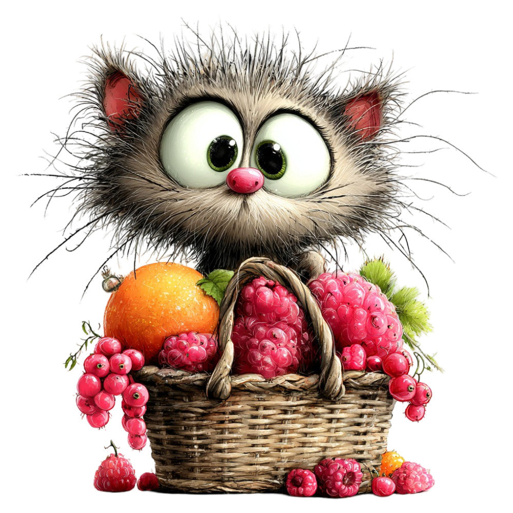 cute cat, fluffy cat, whimsical cat, cartoon cat, pink nose, green eyes, berry basket, raspberries, red currants, orange fruit, harvest theme, fruit picking, woodland animals, playful animals, children's design, nursery print, farmhouse style, rustic style, animal illustration, nature themed, spring colors, summer colors, cream white, charcoal gray, red pink, coral orange, berry red, folk art style, storybook illustration, country style