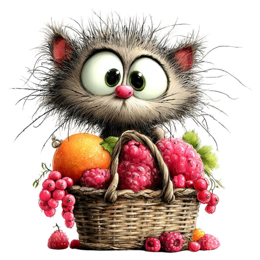cute cat, fluffy cat, whimsical cat, cartoon cat, pink nose, green eyes, berry basket, raspberries, red currants, orange fruit, harvest theme, fruit picking, woodland animals, playful animals, children's design, nursery print, farmhouse style, rustic style, animal illustration, nature themed, spring colors, summer colors, cream white, charcoal gray, red pink, coral orange, berry red, folk art style, storybook illustration, country style