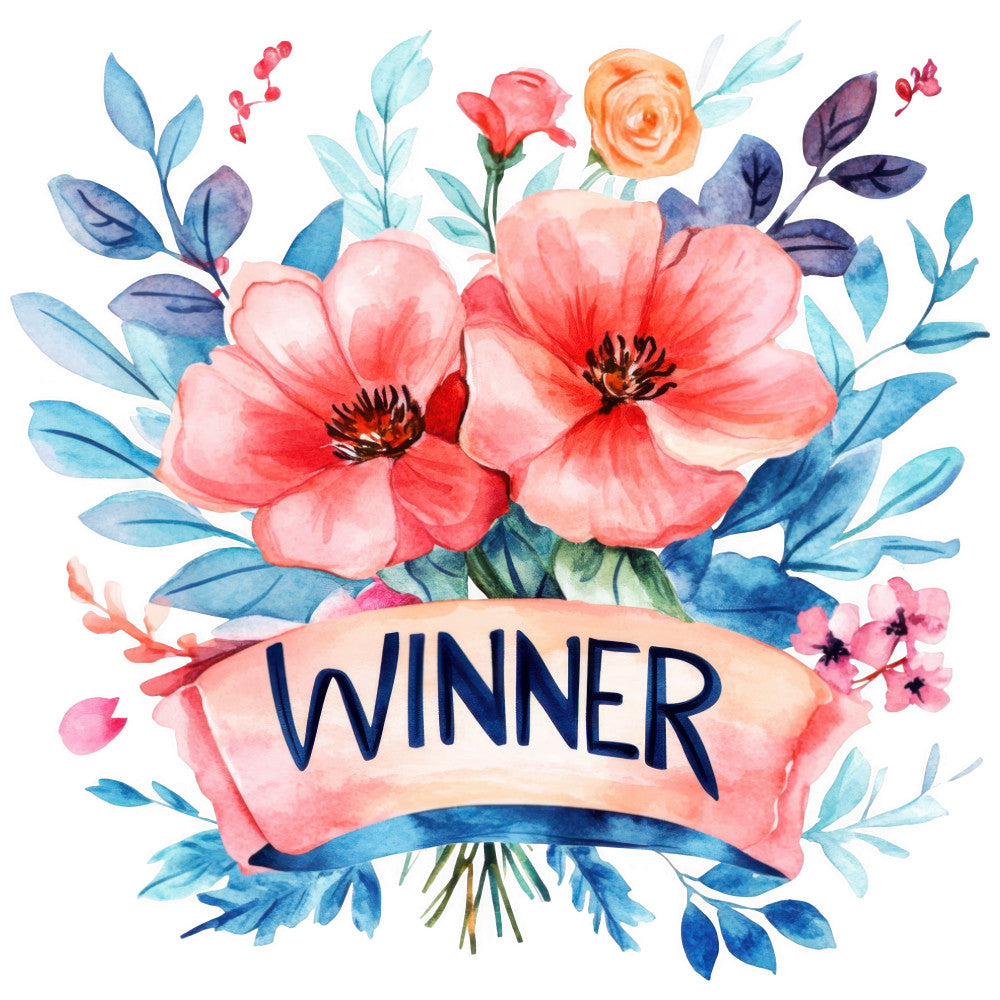 watercolor flowers, pink poppies, coral blooms, blue leaves, navy foliage, winner banner, floral bouquet, fabric panel, quilting cotton, spring flowers, botanical design, peach ribbon, turquoise accents, purple leaves, delicate petals, garden theme, crafting material, sewing project, feminine colors, artistic florals