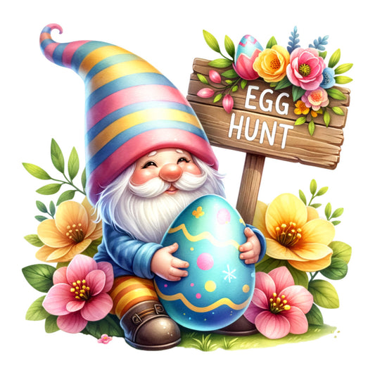 easter gnome, spring flowers, colorful stripes, rainbow hat, white beard, decorated egg, wooden sign, floral bouquet, pastel colors, pink flowers, yellow blooms, turquoise egg, fabric panel, quilting cotton, whimsical character, garden gnome, easter celebration, spring theme, cheerful design, cottage core