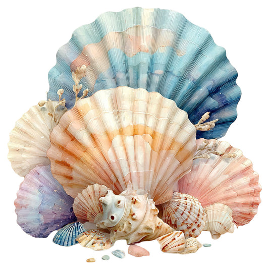 seashells, ocean, nautical, coastal, sea life, beach, watercolor, soft colors, pastel blue, dusty rose, coral pink, cream, peach, lavender, purple, blue gradient, shell motifs, marine life, whimsical, elegant, serene, peaceful, nature-inspired, seaside, summer, spring, wall art, decorative panel, artistic, hand-painted style