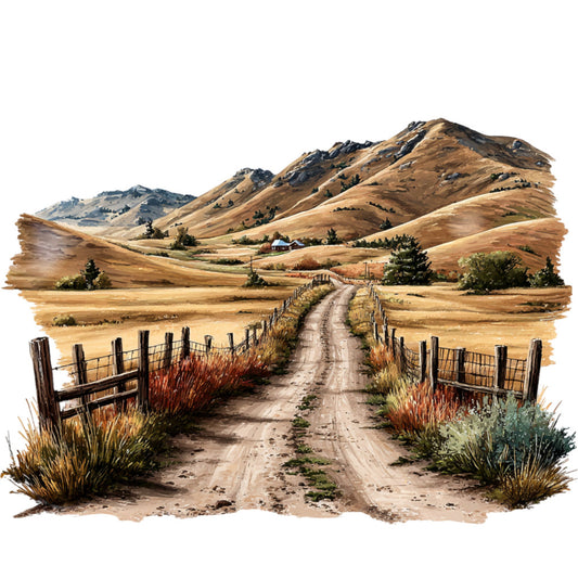 rural landscape, country road, dirt road, rolling hills, golden brown, tan, cream, sage green, rust red, farmhouse, rustic, western, scenic, nature, pastoral, farm scene, ranch, countryside, mountain landscape, fencing, gates, evergreen trees, autumn, fall colors, landscape art, vintage americana, traditional, bucolic, agrarian