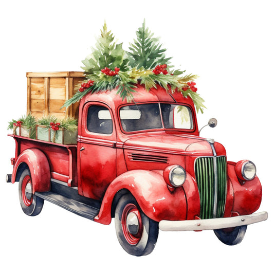 red truck, vintage truck, watercolor style, christmas greenery, pine branches, red berries, wooden crate, fabric panel, quilting cotton, holiday theme, winter decoration, nostalgic artwork, evergreen foliage, festive garland, antique vehicle, craft fabric, seasonal panel, rustic charm, botanical elements, holiday crafting