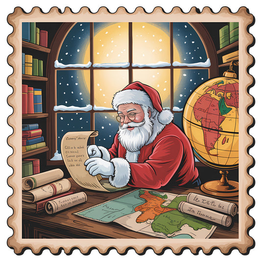 Vintage Christmas Stamps Fabric Panel 4 featuring Santa Claus reading a letter in a cozy snowy room with maps and a globe.
