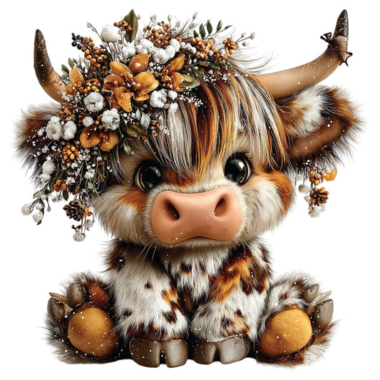 highland cow, christmas cow, winter floral crown, brown fur, cream white, orange berries, cotton balls, pine cones, horns, sitting cow, fabric panel, quilting cotton, winter theme, holiday decoration, cute animal, realistic art style, festive botanicals, snow dusting, craft fabric, seasonal panel