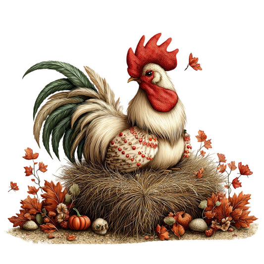 rooster, cream, red, forest green, tan, autumn, fall, harvest, thanksgiving, farmhouse, rustic, whimsical, vintage, nature, animals, poultry, cottage core, seasonal, pumpkin, leaves, flowers, folk art, traditional, country, barn, decorative, straw, botanical, orange, beige
