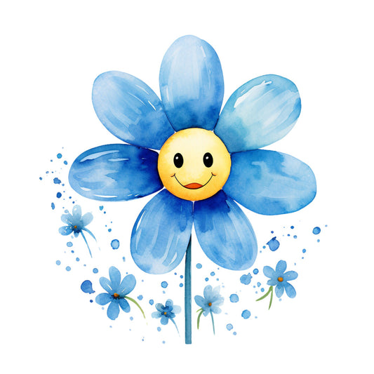 blue flowers, yellow center, smiley face, happy flower, watercolor style, floral design, bright blue, cheerful expression, fabric panel, quilting cotton, whimsical art, cartoon flower, scattered petals, painterly effect, children's fabric, nursery theme, spring flowers, joyful mood, craft panel, decorative fabric