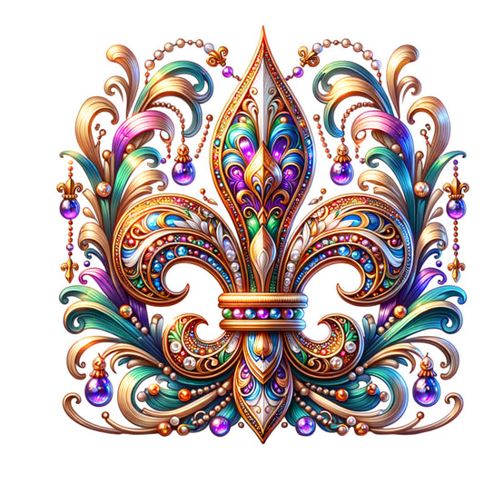 watercolor style, mardi gras, fleur-de-lis, ornate design, jewel tones, purple, gold, teal, bronze, decorative scrollwork, baroque pattern, festive motif, fabric panel, quilting cotton, intricate details, gemstone accents, swirling flourishes, carnival theme, metallic highlights, ornamental design