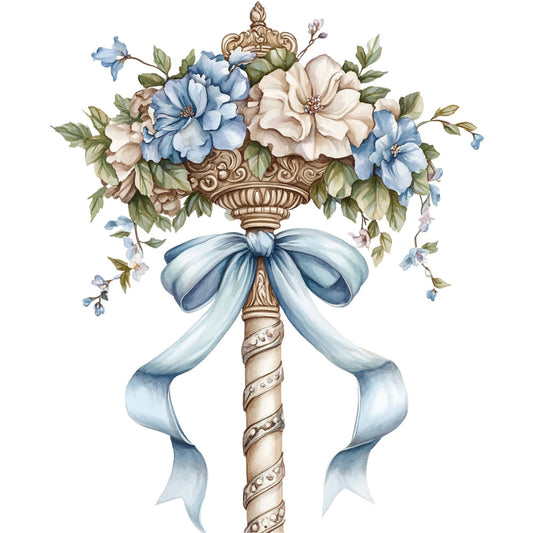 floral, blue flowers, cream flowers, vintage floral, botanical, nature, elegant, traditional, romantic, ornate urn, decorative vase, ribbon bow, spring, pastel blue, soft blue, cream, ivory, sage green, garden flowers, classic, timeless, botanical illustration, wedding, bridal, cottage core, French country, peony, delicate flowers, trailing florals