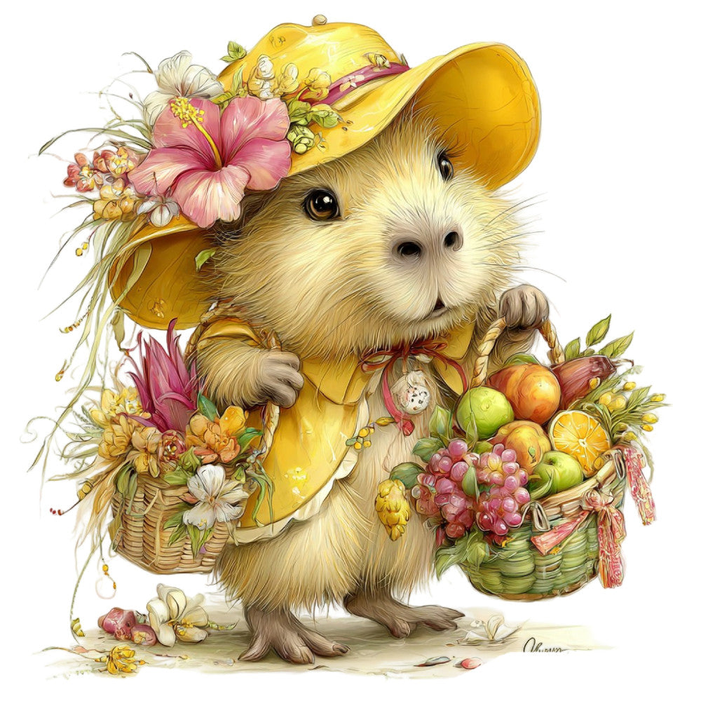 guinea pig, woodland animal, cute critters, spring, summer, harvest, garden, floral, fruits, vegetables, yellow, cream, soft pink, coral pink, sage green, whimsical, cheerful, countryside, farmhouse, nature-themed, small animals, baskets, flowers, grapes, citrus, apples, pastoral, charming, decorative panel, wall art