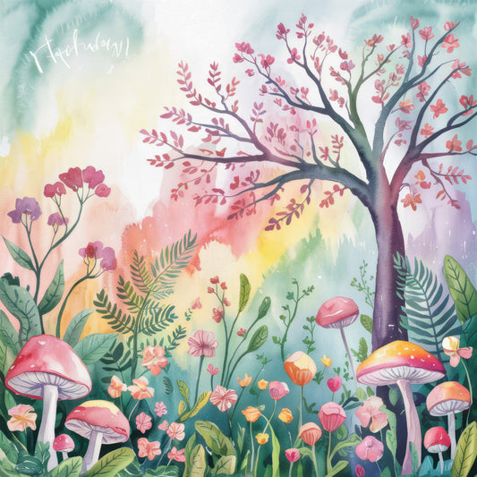 watercolor style, woodland scene, mushrooms, tree branches, pink flowers, coral blooms, green ferns, pastel rainbow, whimsical forest, botanical illustration, soft pastels, nature motif, fairy tale garden, dreamy landscape, fabric panel, quilting cotton, spring colors, enchanted woods, floral fantasy, magical forest