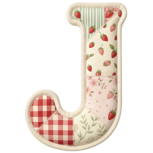 strawberry, red and cream, gingham, plaid, floral, striped, vintage, farmhouse, rustic, cottagecore, spring, summer, pastoral, botanical, leaves, red gingham, cream background, patchwork, patchwork letter, alphabet, children's, whimsical, traditional, country, picnic, gingham check, garden theme, nature inspired, decorative letter