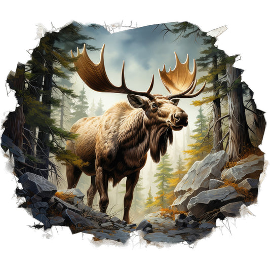 moose, brown, tan, forest green, gray, blue sky, wildlife, antlers, evergreen trees, rocks, wilderness scene, breaking through effect, realistic art style, nature theme, fabric panel, quilting cotton, outdoor adventure, majestic animal, pine forest, rocky terrain