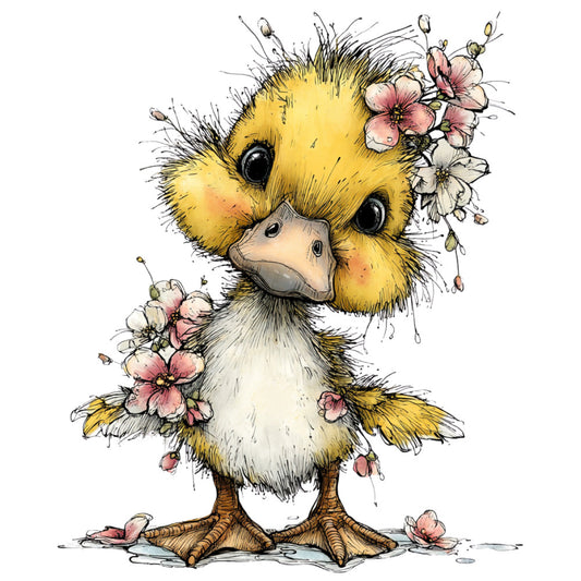 yellow duckling, cute animals, baby animals, floral, pink flowers, white flowers, whimsical, spring, children's, nursery, baby quilt, animal illustration, farmyard, pastoral, nature, soft pastels, cream white, golden yellow, dusty pink, botanical, delicate flowers, woodland creatures, innocent, playful, decorative panel, story time, charming, storybook illustration