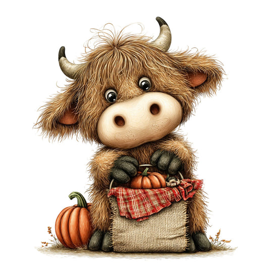 highland cattle, cute cow, whimsical animals, autumn harvest, fall pumpkins, farmhouse style, rustic charm, brown, cream, orange, red plaid, burlap texture, country style, folk art, adorable creature, seasonal decor, harvest theme, pumpkin patch, pastoral, cozy fall, traditional pattern, wall hanging, children's fabric, baby quilt, thanksgiving, cute illustration, animal motif, rustic farmhouse, warm tones, cottage core