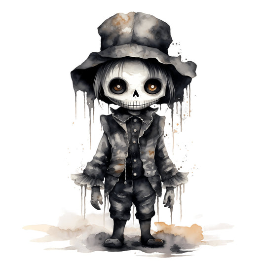 skeleton, skull, gothic, dark academia, whimsical, charcoal gray, black, cream, sepia, steampunk, Halloween, tim burton inspired, vintage, goth, macabre, character illustration, watercolor, dressed skeleton, top hat, formal wear, spooky, enchanted, dark whimsy, autumn, Halloween decoration, wall art, panel design, bone, moody aesthetic