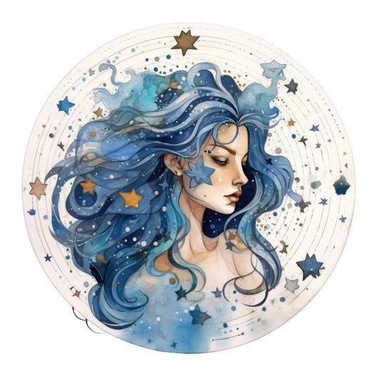 celestial, night sky, stars, galaxy, blue hair, whimsical, dreamy, fantasy, magical, moon phases, cosmic, navy blue, teal blue, turquoise, gold accents, brown stars, girl portrait, face, profile, elegant, bohemian, mystical, nature-inspired, circular design, mandala-style, sparkles, dots, modern, wall hanging, home decor