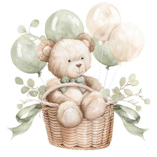 teddy bear, balloon, sage green, cream, tan, beige, soft brown, whimsical, nursery, baby, children's, cute animals, basket, eucalyptus, leafy branches, gender neutral, gentle, sweet, soft colors, pastel, baby shower, newborn, animal theme, nature inspired, soft and cuddly, decorative, charming, storybook style, watercolor effect