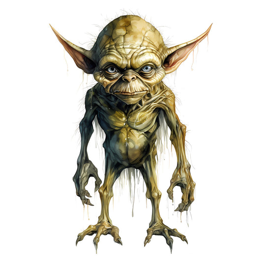 goblin, fantasy, creature, monster, evil, magical, whimsical, dark fantasy, mustard yellow, olive green, bronze, tan, earthy tones, supernatural, mythical, character design, villain, spooky, creepy, halloween, wall art, novelty, pop culture, comic book style, watercolor effect, gothic, enchanted, magical creature, art panel