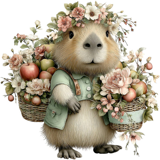 guinea pig, woodland animal, cute creature, floral, roses, peonies, daisies, pastel pink, cream, sage green, dusty rose, soft green, whimsical, vintage botanical, garden theme, spring, nature lover, animal lover, children's fabric, nursery, cottage core, farmhouse style, rustic charm, botanical illustration, fruit basket, apples, flowers and fruit, gentle colors, sweet design, storybook style