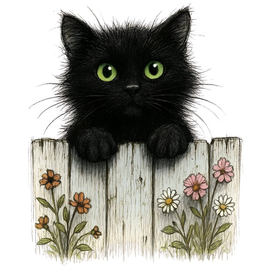 black cat, green eyes, charcoal black, cream white, coral orange, dusty pink, sage green, whimsical, animals, cats, feline, nature, flowers, daisies, botanical, farmhouse, rustic, vintage, garden, spring, summer, folk art, cottage core, cute, playful, woodland, illustration style, floral border, peeking cat