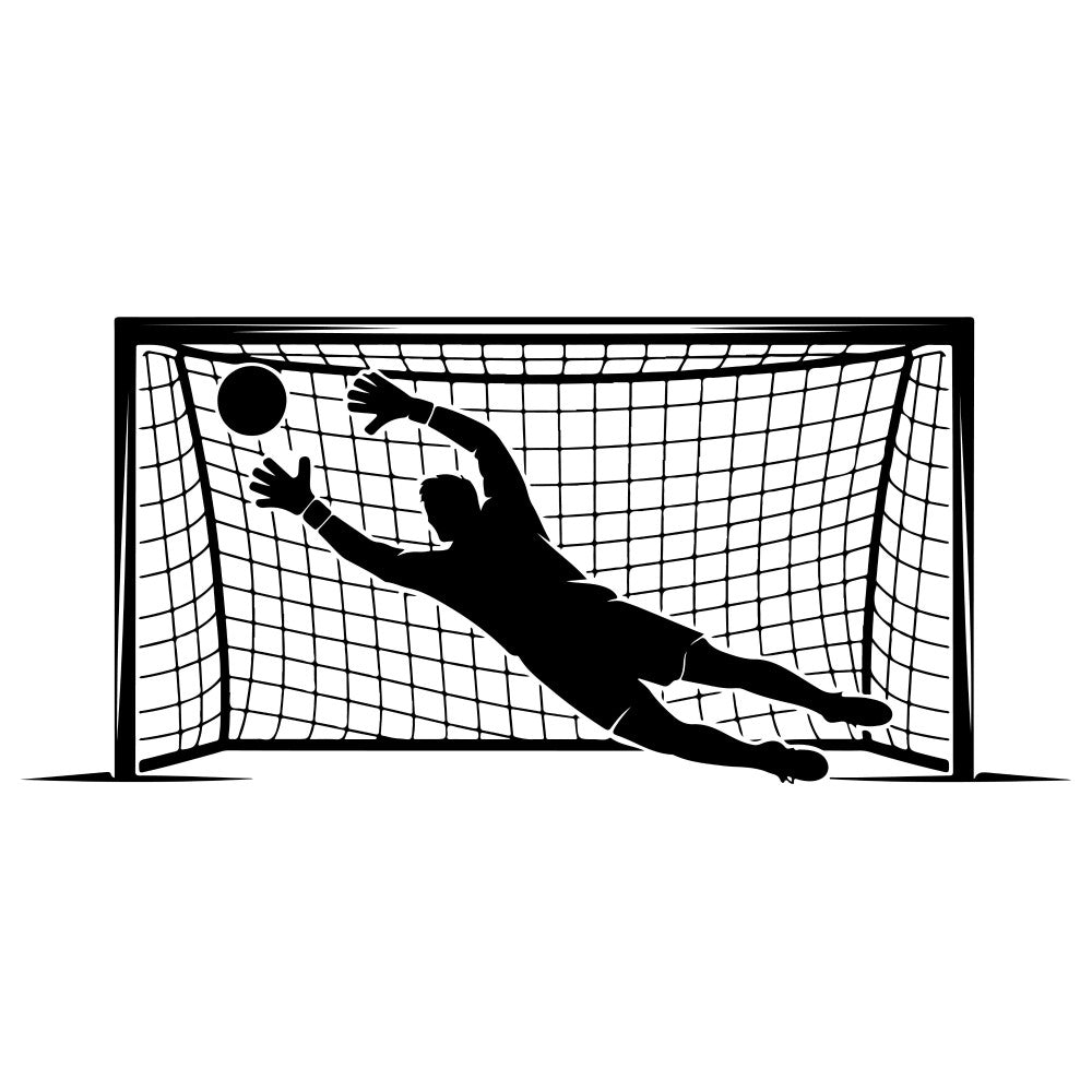 soccer, sports, goalkeeper, black and white, monochrome, athletic, action, silhouette, goal, net, ball, sports themed, boys, men, modern, contemporary, dynamic, movement, competitive, team sports, recreation, hobby, wall art, home decor, sports fan, football pitch, player silhouette, dramatic, high contrast