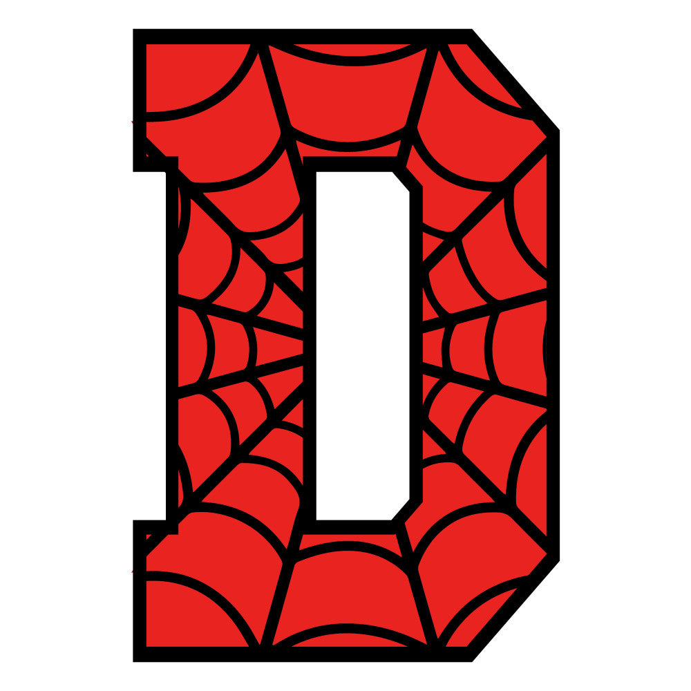 red, black, spider web, letter d, alphabet, superhero style, comic book, fabric panel, quilting, cotton, geometric pattern, web design, children's theme, bright colors, graphic design, novelty fabric, character inspired, crawling pattern, angular lines, pop culture