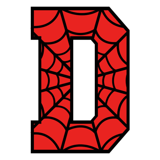 red, black, spider web, letter d, alphabet, superhero style, comic book, fabric panel, quilting, cotton, geometric pattern, web design, children's theme, bright colors, graphic design, novelty fabric, character inspired, crawling pattern, angular lines, pop culture