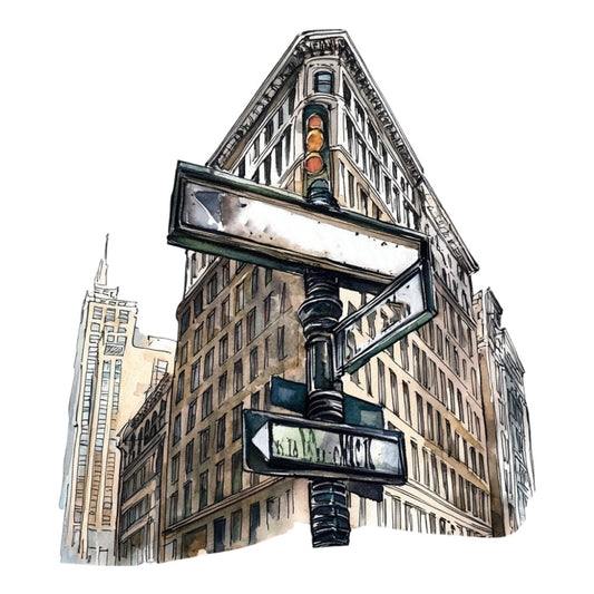 urban cityscape, architecture, flatiron building, new york, street scene, traffic light, vintage style, nostalgic, brown, tan, beige, cream, black, gray, charcoal, geometric, modern, contemporary, landmark, iconic building, street signs, metropolitan, city life, industrial, retro, steampunk, art deco, travel theme, wall hanging, home decor
