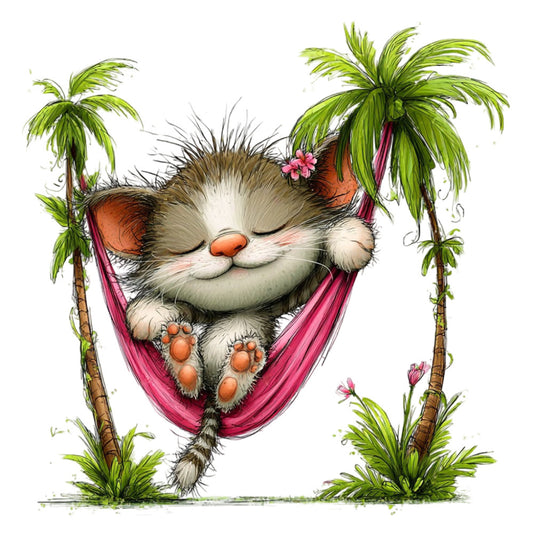 cat, sleeping cat, tabby cat, hammock, relaxation, tropical, palm trees, pink hammock, orange nose, pink flowers, whimsical, playful, cute animals, nature, summer, spring, garden, illustration, cartoon style, peaceful, cozy, child-friendly, nursery, baby fabric, wall art, brown and white, lime green, coral orange, magenta pink, decorative