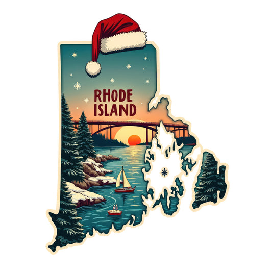 Christmas US States Fabric Panel 12 featuring Rhode Island with a festive Santa hat, winter landscape, and sunset on 100% premium quilting cotton.