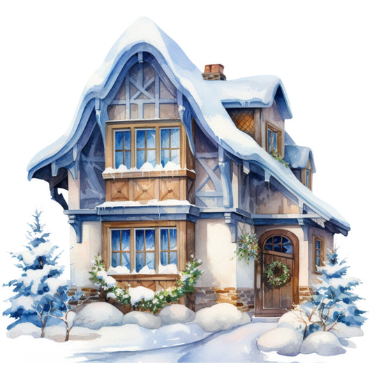 Watercolor Winter Houses Fabric Panel 10