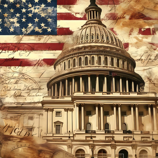 american flag, patriotic, capitol building, founding fathers, historical documents, vintage americana, red white and blue, cream, tan, sepia, calligraphy script, handwritten text, distressed, colonial, government, independence, constitution, elegant, traditional, nostalgic, civics, history, political, wall hanging, home decor, panel quilt, americana theme, aged parchment, architectural, neoclassical